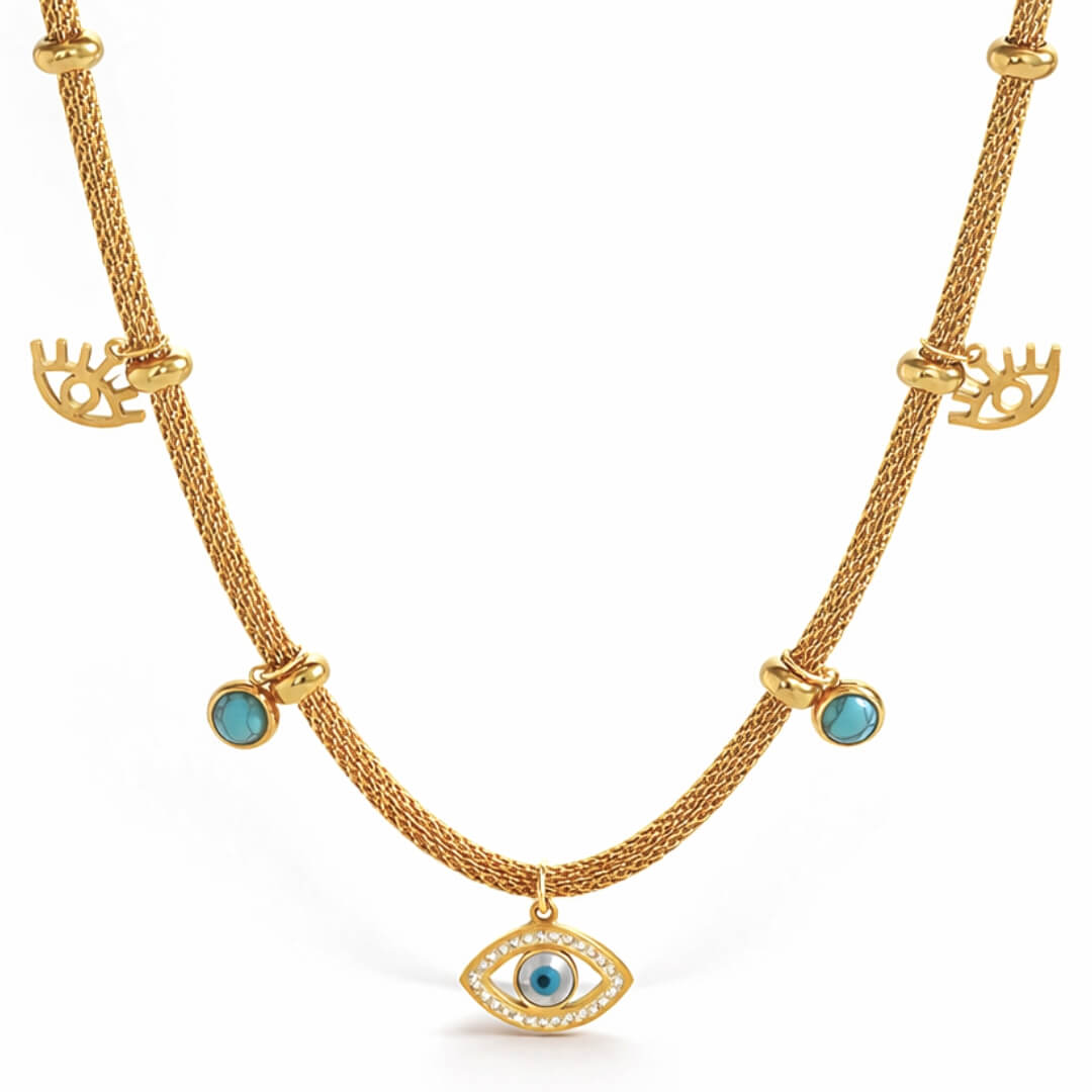 Turkish Eye with Pearl Turquoise Necklace (Bañado in Gold 18K)