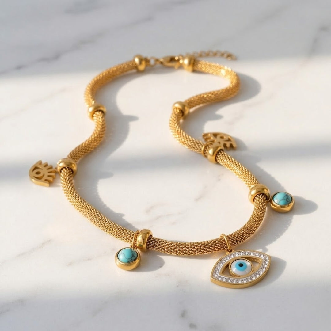 Turkish Eye with Pearl Turquoise Necklace (Bañado in Gold 18K)