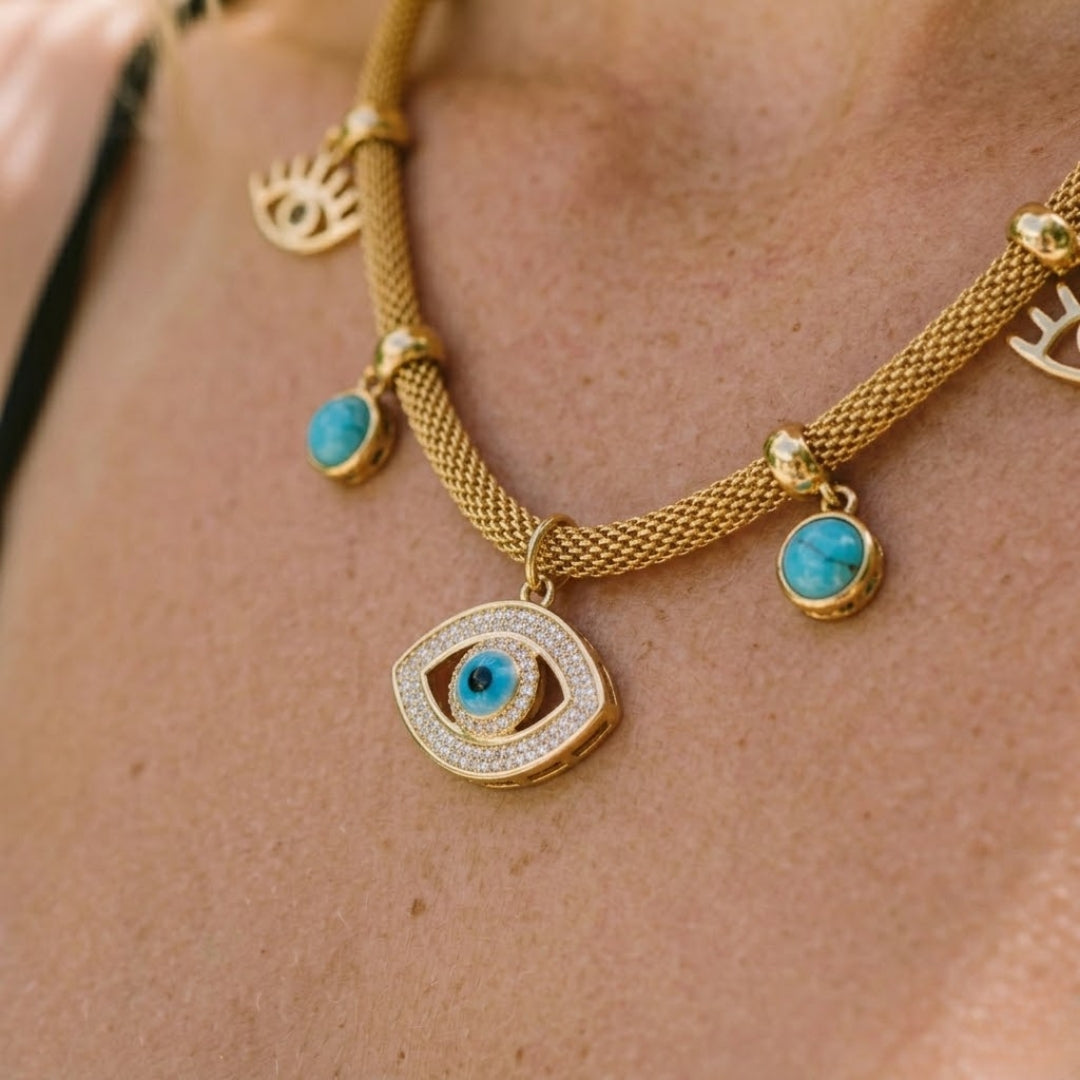Turkish Eye with Pearl Turquoise Necklace (Bañado in Gold 18K)