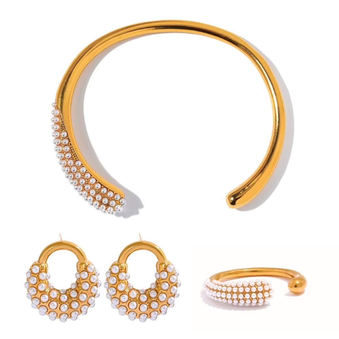 Set Spike Pearl: Bracelet + Earring + Ring (18K Gold Plated)