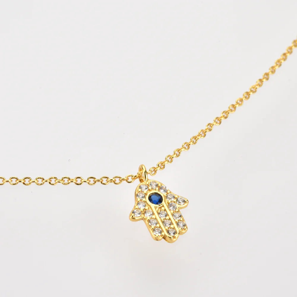 Hand of Fatima Hamsa with Zirconia Necklace (18K Gold Plated)