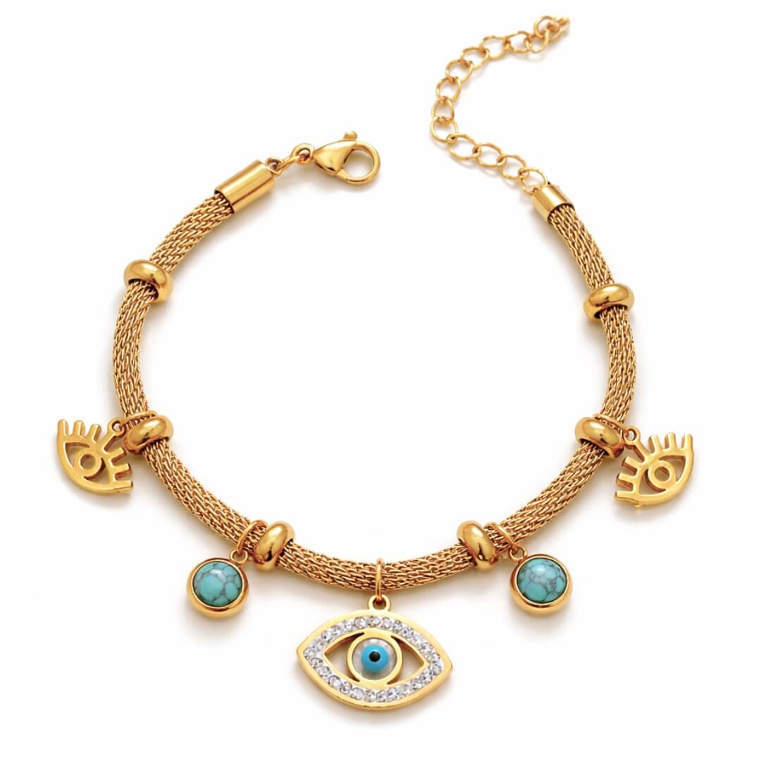 Turkish Eye with Pearl Turquoise Bracelet (18K Gold Plated)
