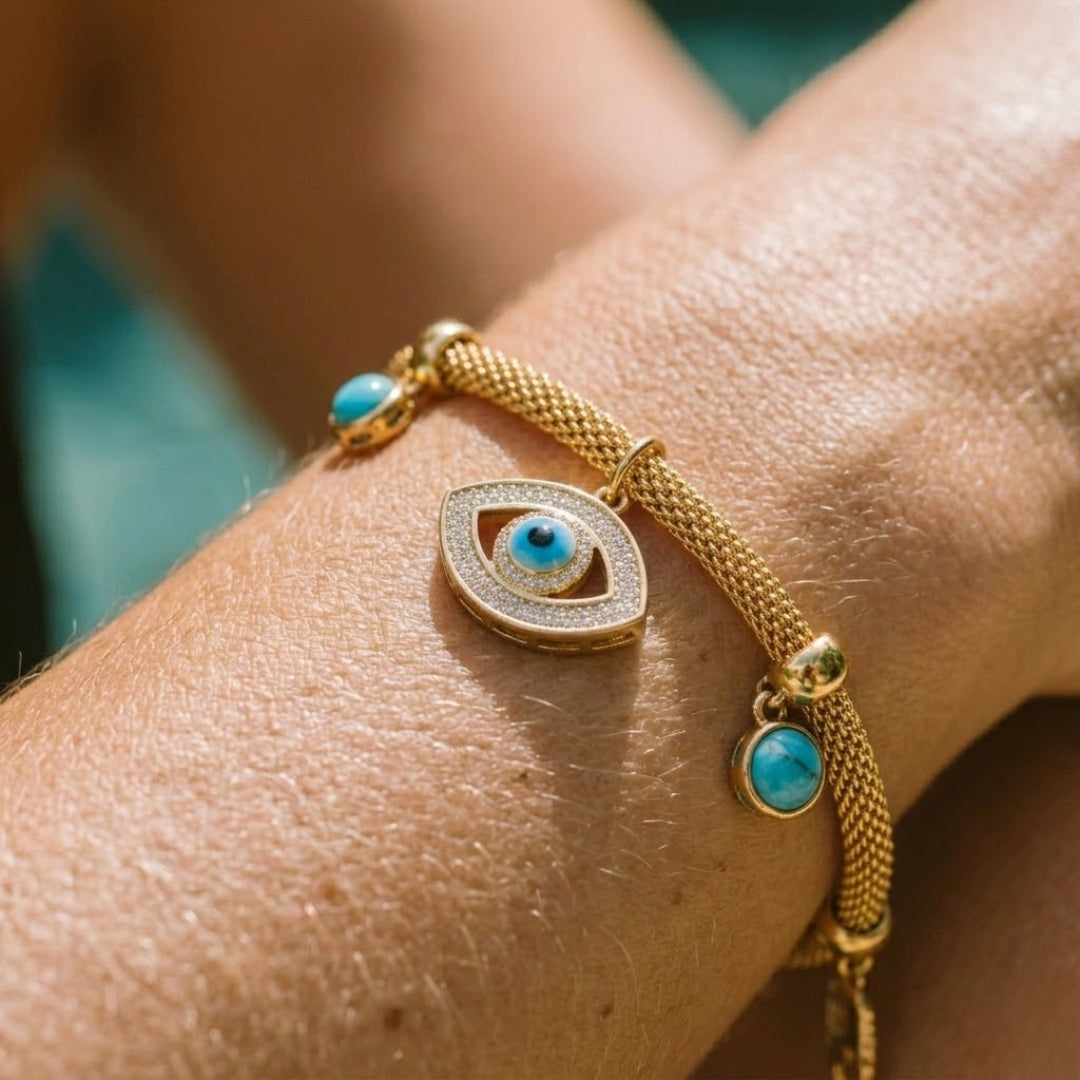 Turkish Eye with Pearl Turquoise Bracelet (18K Gold Plated)