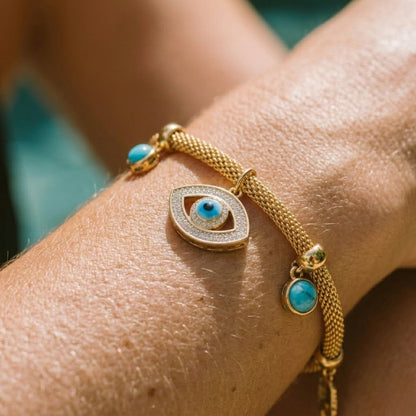 Turkish Eye with Pearl Turquoise Bracelet (18K Gold Plated)