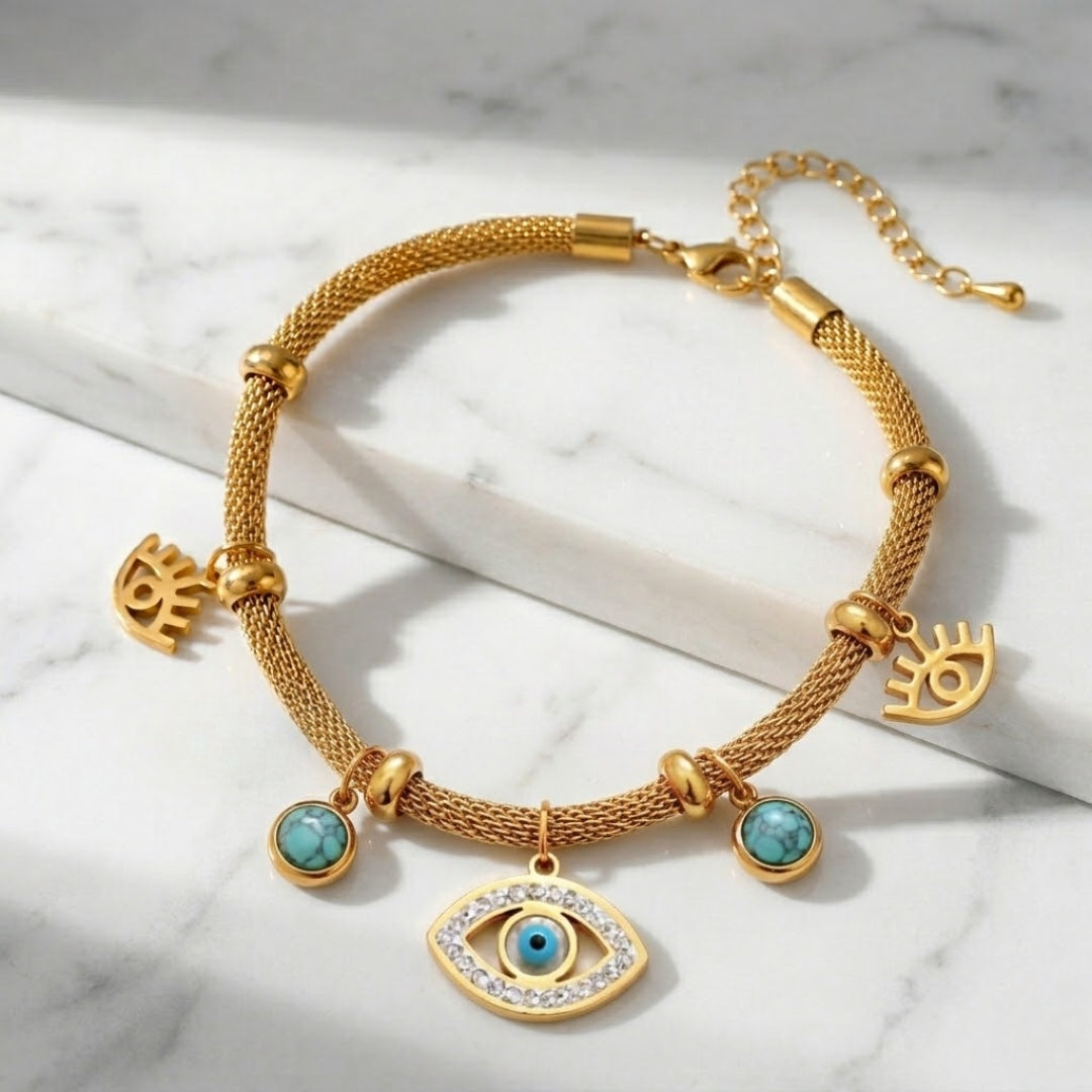 Turkish Eye with Pearl Turquoise Bracelet (18K Gold Plated)