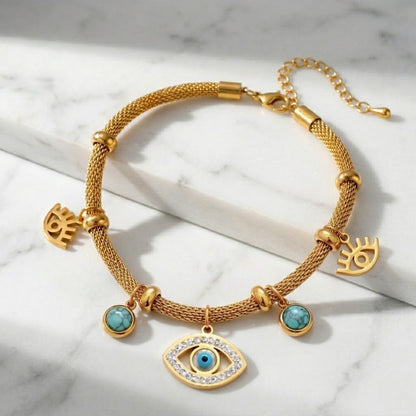 Turkish Eye with Pearl Turquoise Bracelet (18K Gold Plated)