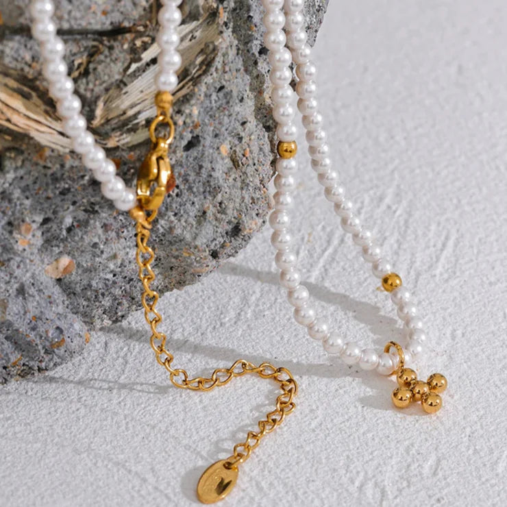 Pearls with Pendant of Cross Necklace (18K Gold Plated)