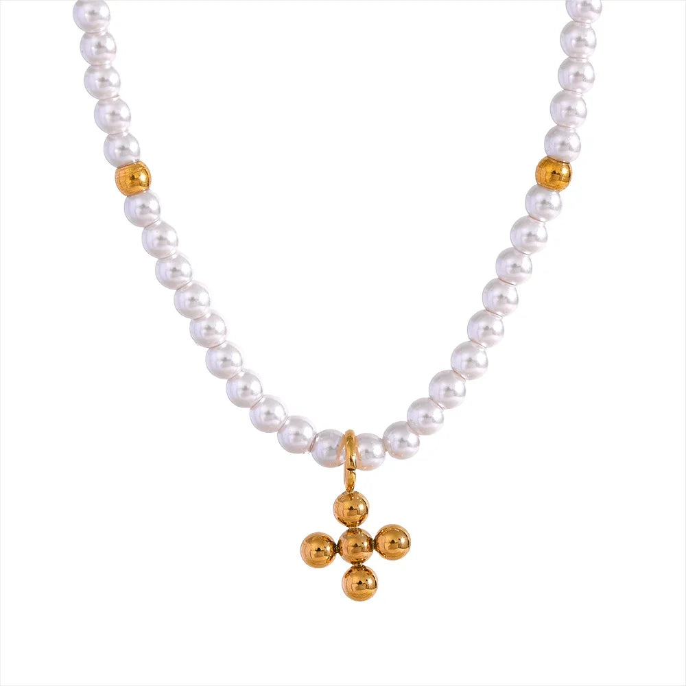 Pearls with Pendant of Cross Necklace (18K Gold Plated)