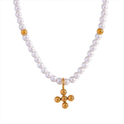 Pearls with Pendant of Cross Necklace (18K Gold Plated)