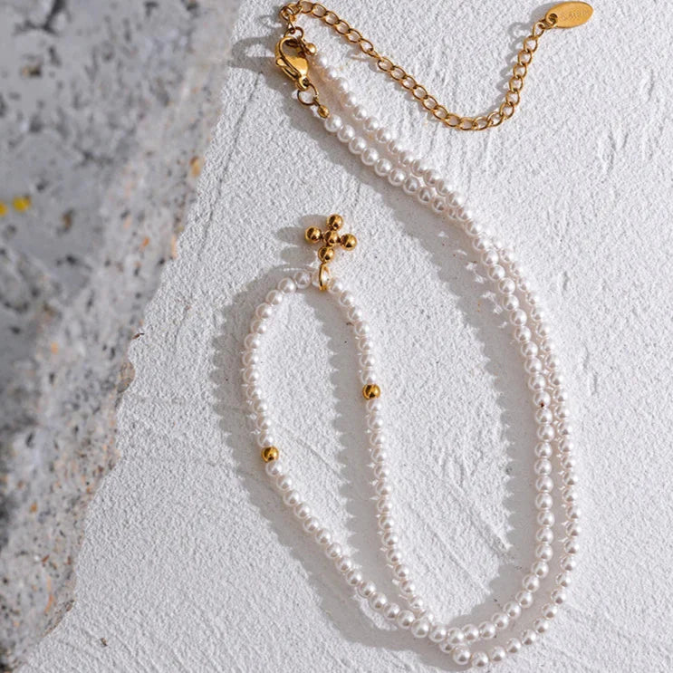 Pearls with Pendant of Cross Necklace (18K Gold Plated)