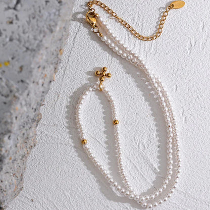 Pearls with Pendant of Cross Necklace (18K Gold Plated)