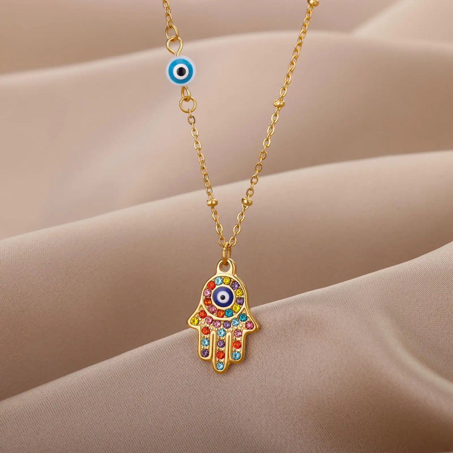 Hand of Fatima Hamsa with Zirconia Necklace