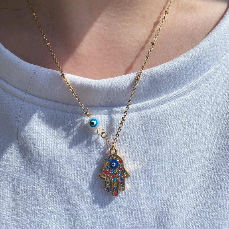 Hand of Fatima Hamsa with Zirconia Necklace