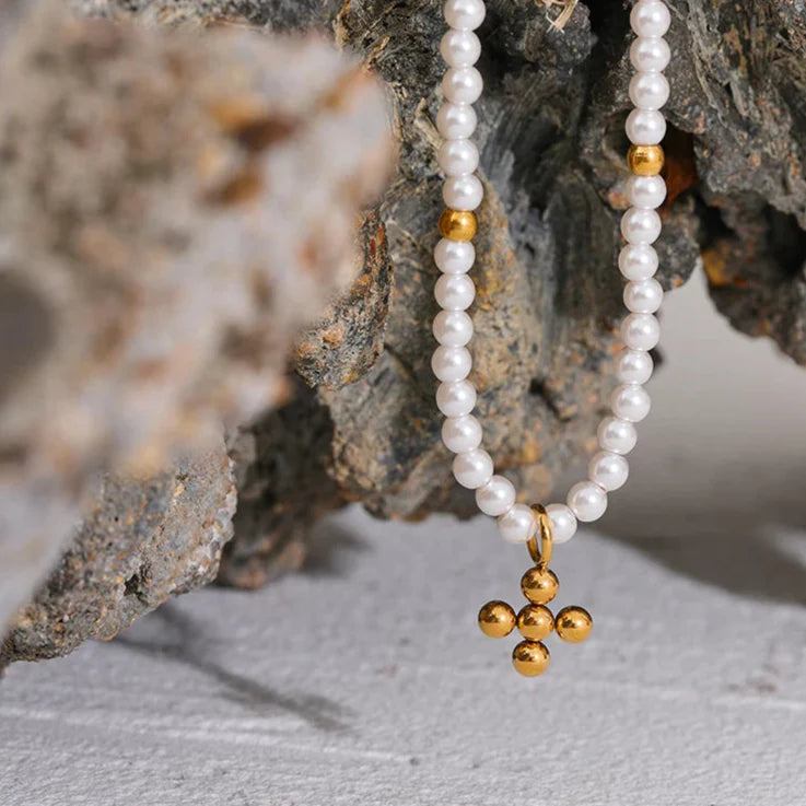 Pearls with Pendant of Cross Necklace (18K Gold Plated)
