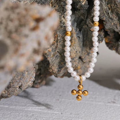 Pearls with Pendant of Cross Necklace (18K Gold Plated)