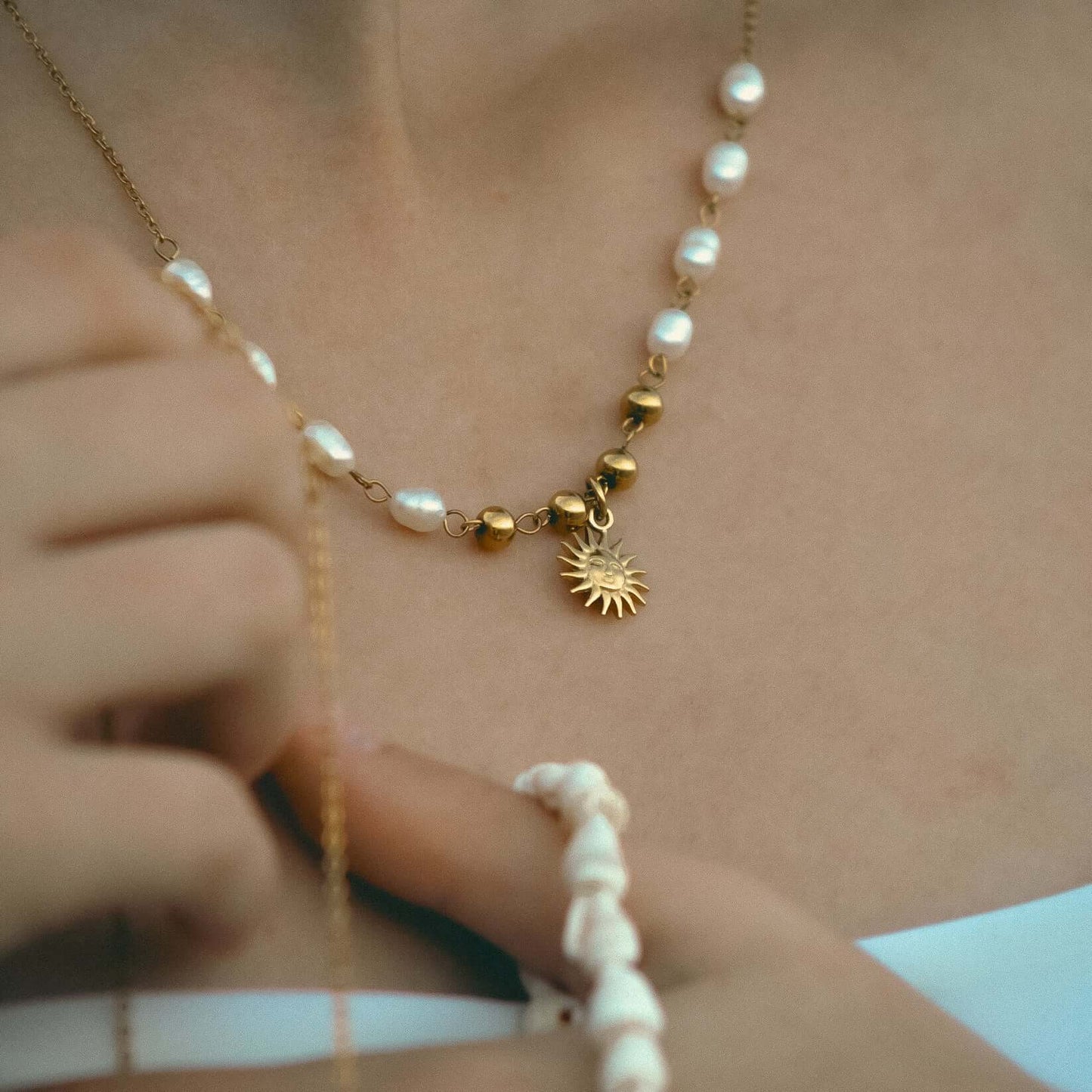 Sun with Pearls Necklace (Gold Plated)