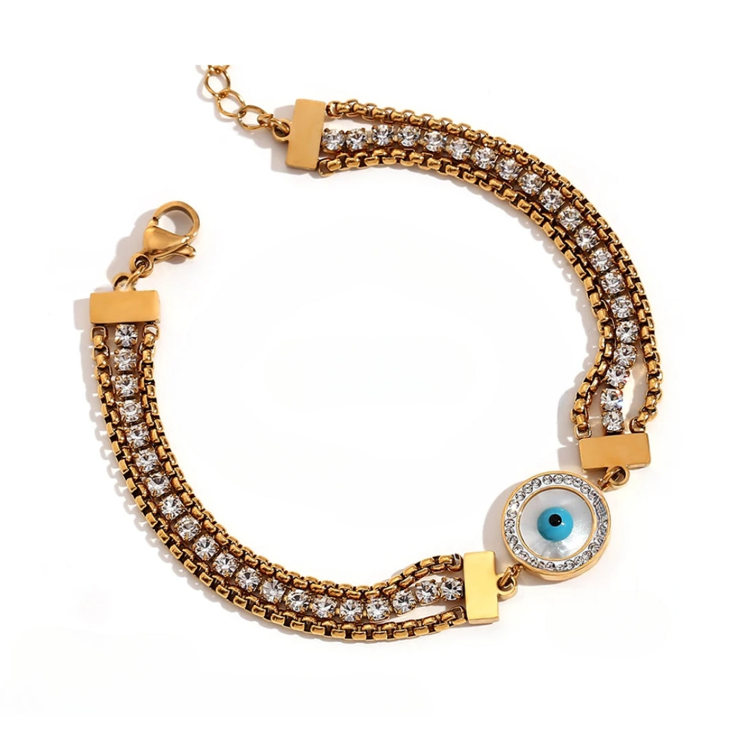 Turkish Eye Chain Triple Zirconia Bracelet (18K Gold Plated)